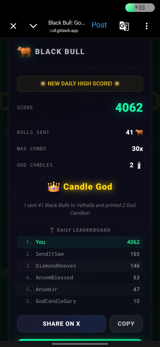 Ark_Trades13's tweet photo. I sent 41 Black Bulls to Valhalla and printed 2 God Candles!

🏆 Candle God | Score: 4062
🐂 Max Combo: 30x

Black Bull: God Candle Hunt
🐂🔥📈 #BlackBull #Solana https://t.co/BRWn4CONnU