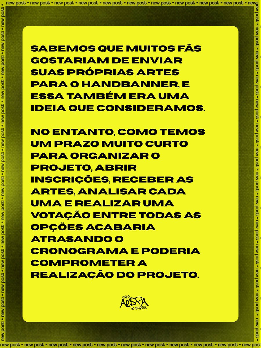 uniaoaespabra's tweet photo. 🚨INFOS DO HANDBANNER

Como o prazo é curto, os designs do handbanner foram desenvolvidos pela equipe de ADMs para garantir que o projeto seja finalizado a tempo. A escolha final continua sendo dos fãs, que decidirão tudo por uma votação em breve!! 💚✨ https://t.co/R85mivGDZe