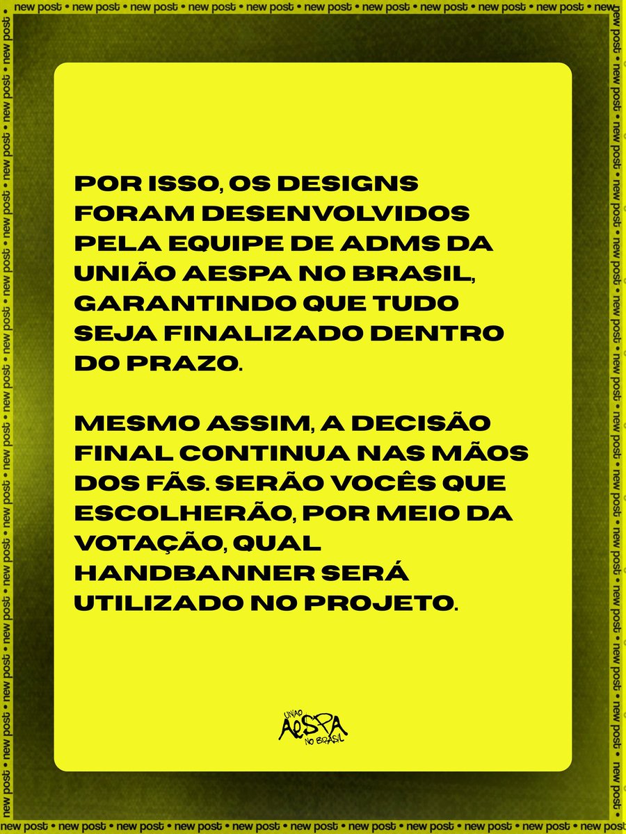 uniaoaespabra's tweet photo. 🚨INFOS DO HANDBANNER

Como o prazo é curto, os designs do handbanner foram desenvolvidos pela equipe de ADMs para garantir que o projeto seja finalizado a tempo. A escolha final continua sendo dos fãs, que decidirão tudo por uma votação em breve!! 💚✨ https://t.co/R85mivGDZe