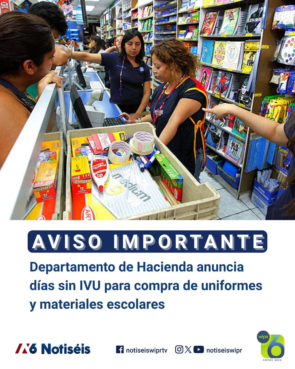 notiseiswipr's tweet photo. 📚✏️ [AVISO IMPORTANTE] @DptoHacienda  anuncia los días sin IVU para la compra de uniformes y materiales escolares

ℹ️ Para más información, acceda al enlace en >>> https://t.co/IRkT3ym49z

#PuertoRico #HaciendaPR #IVU #RegresoAClases #BackToSchool #UniformesEscolares https://t.co/2SQMeo89IJ