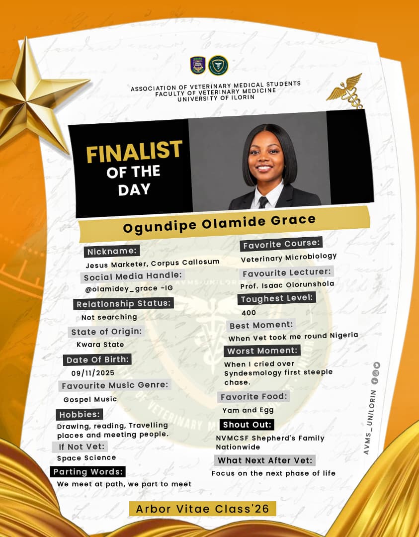 GOlamidey's tweet photo. If you've crossed paths with her, chances are you've left with a smile, a conversation, or a story worth telling. From lecture halls and practicals to road trips across Nigeria through Veterinary Medicine, every chapter has become part of a story still being written.
#finalyear https://t.co/A6M8vgtuO0