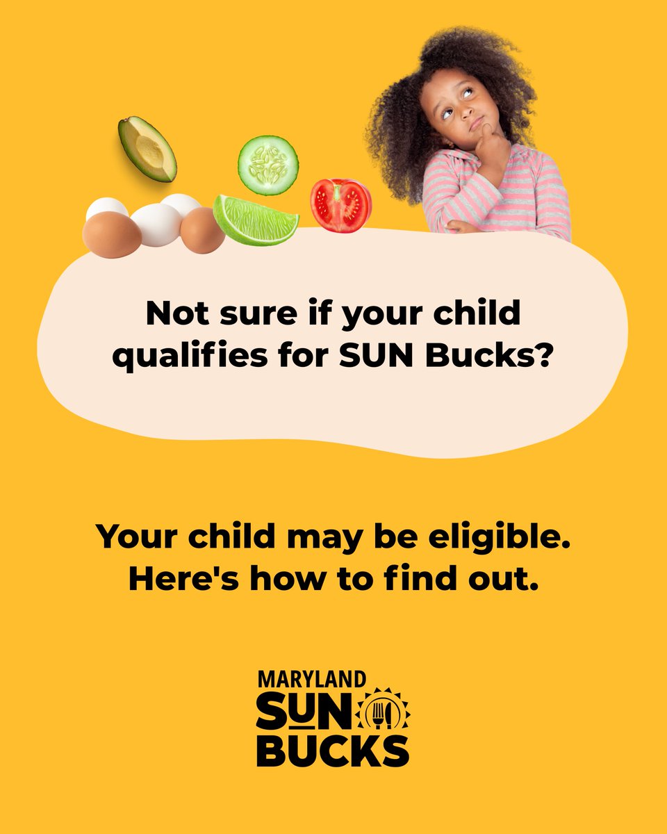 MDHumanServices's tweet photo. Not every eligible child is automatically enrolled in Maryland SUN Bucks — but they may still qualify.

The program helps eligible families buy groceries during the summer months when school meals aren't available.

Find out if your child qualifies: https://t.co/LjFahpCRED https://t.co/oL8URxRa0U