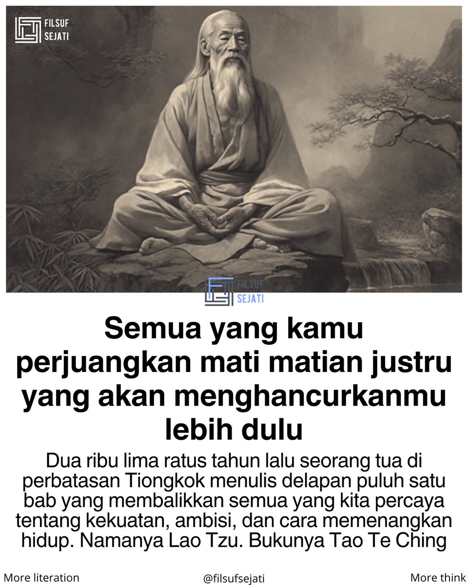 filsufsejati's tweet photo. Lao Tzu mengamati air bertahun tahun. Tidak ada yang lebih lembut dan lebih lemah dari air. Tapi untuk menyerang sesuatu yang keras dan kuat, tidak ada yang bisa mengalahkannya. 

Air tidak melawan batu, ia hanya terus mengalir, dan pelan pelan batu itu berlubang, retak, lalu hancur dengan sendirinya.
.
Di situlah letak ajaran yang paling ditolak dunia modern. Semakin keras kamu memaksa, semakin cepat sesuatu itu patah. Semakin kamu mengontrol, semakin banyak yang lepas dari genggaman. 

Lao Tzu menyebutnya wu wei, bertindak tanpa memaksa, mengalir mengikuti arah yang sudah ada, bukan menabrakkan diri pada arus yang berlawanan.
.
Lao Tzu bertanya, untuk apa sebuah mangkuk dibuat dari tanah liat. Bukan dinding tanahnya yang berguna, tapi ruang kosong di dalamnya tempat air dan nasi bisa ditampung. 

Begitu juga pintu dan jendela sebuah rumah, yang membuatnya bisa dihuni justru ruang kosongnya, bukan tembok yang mengelilinginya.
.
Mengenal orang lain itu kepintaran biasa. Mengenal diri sendiri, itu baru kebijaksanaan sejati. Mengalahkan orang lain hanya butuh tenaga. Mengalahkan diri sendiri, itu baru kekuatan yang sesungguhnya.

Lao Tzu menulis ini di bab tiga puluh tiga, jauh sebelum dunia mengenal istilah pengendalian diri atau kecerdasan emosional.
.
Selama ribuan tahun Tao Te Ching dibaca oleh kaisar, jenderal, sampai orang biasa yang lelah memaksakan hidup berjalan sesuai keinginannya sendiri. 

Bukan buku tentang menyerah, tapi tentang berhenti melawan arus yang tidak perlu dilawan. Kadang cara paling kuat untuk menang adalah berhenti mencoba menang.