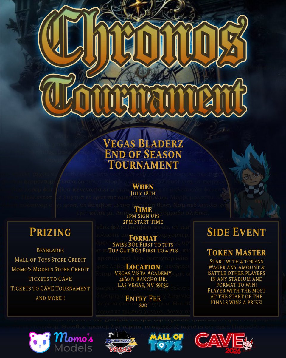 Momos_Models's tweet photo. Time is almost up for the current Beyblade X season for us here in Las Vegas. Which means it’s time for our end of season tournament! The tournament is open to everyone in and outside of Las Vegas. Please fill out this form if you plan on attending 
https://t.co/MdgHZMxkpZ https://t.co/a9zhTCNidY