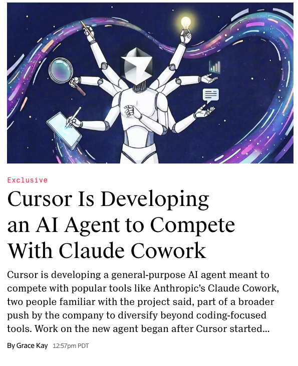 graceihle's tweet photo. Scoop: Cursor is working on a competitor to Claude Cowork.

The new Cursor product, internally referred to as Sand, is its first product aimed at more casual AI users rather than developers. https://t.co/XlSPEPYsvF