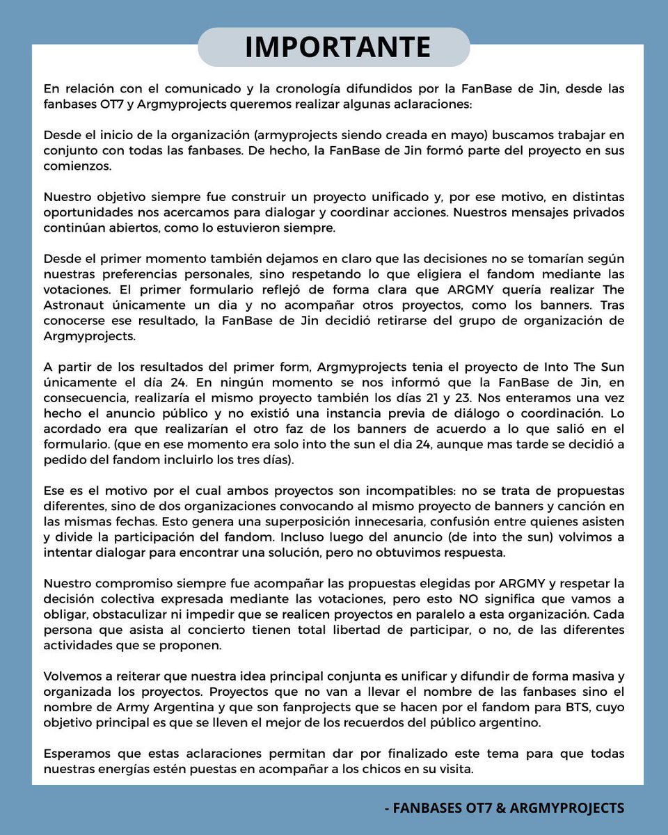 BtsSedeNQN's tweet photo. Un recordatorio para army: el respeto es para todos los fanproyectos y todas las fanbases. Detrás de cada cuenta hay personas que trabajan de forma voluntaria. Las diferencias son válidas; el hostigamiento y los ataques no.
Ahora foco en bts y los conciertos de octubre 💜 https://t.co/dhdxspDOLG