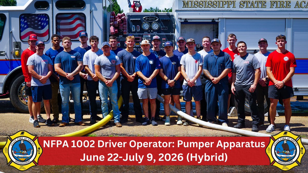 MSFireAcademy's tweet photo. NFPA 1002: Driver/Operator – Fire Apparatus. The pumper apparatus is more than just a fire truck; it’s a critical lifeline in emergency situations. Responsible for supplying water, providing medical aid, scene lighting, and communication support. #MSFA https://t.co/eDBAS52Ujp