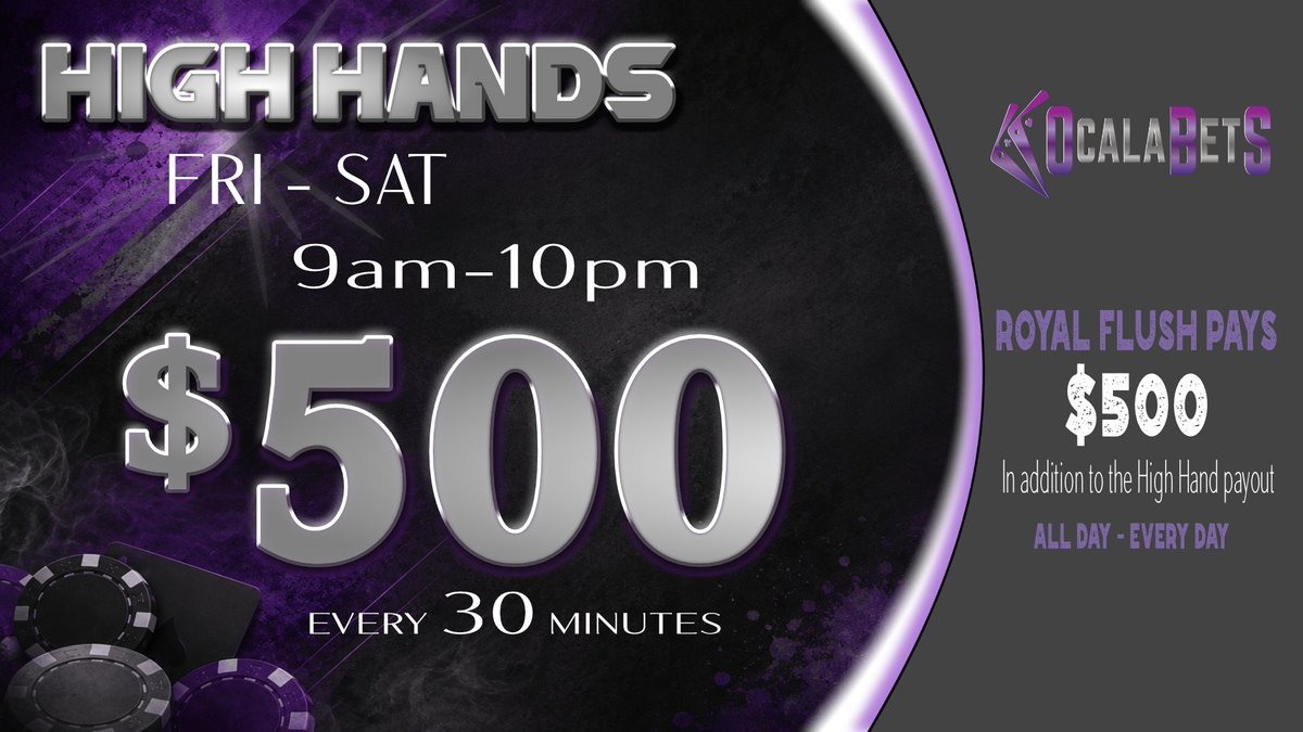 OcalaBets's tweet photo. Get your high hands ready!

Join the action Fri-Sat from 9 AM-10 PM! Win $500 every 30 mins  Don't miss out—play big and win big at Ocala Bets!

DBBP Bounty Tournament -  Friday  11am - $80

#HighHands #PokerWins #OcalaBets https://t.co/9kfHDg4b0X
