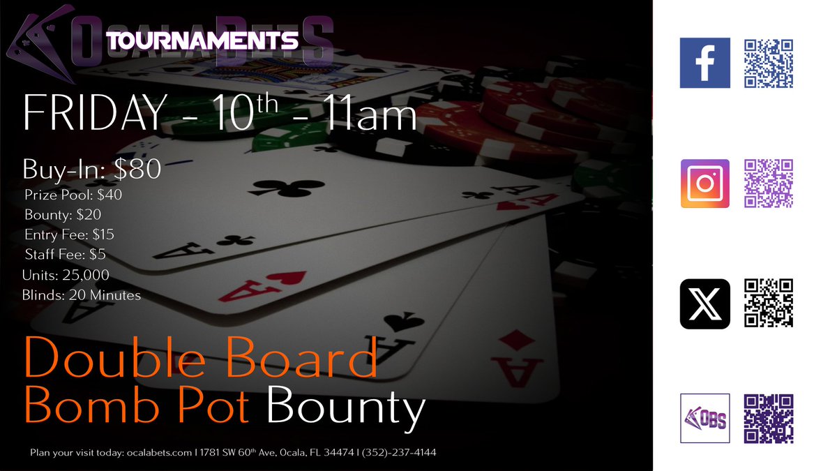 OcalaBets's tweet photo. Get your high hands ready!

Join the action Fri-Sat from 9 AM-10 PM! Win $500 every 30 mins  Don't miss out—play big and win big at Ocala Bets!

DBBP Bounty Tournament -  Friday  11am - $80

#HighHands #PokerWins #OcalaBets https://t.co/9kfHDg4b0X