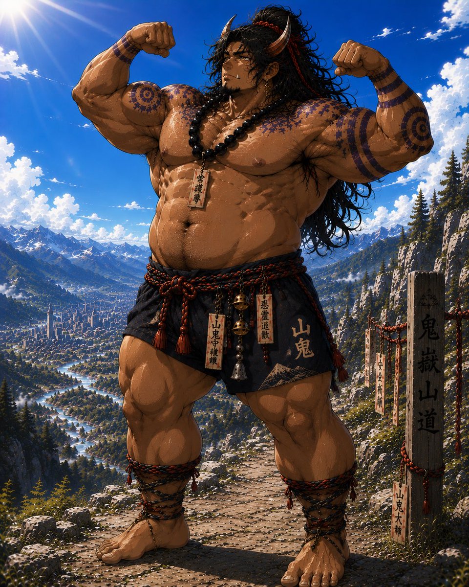 GiantBaraSol's tweet photo. Feeling his oats, a mountain oni in his favorite place! 
#oni #mountainoni #bara #aibara #aiart #strongman https://t.co/89r86xhNJm