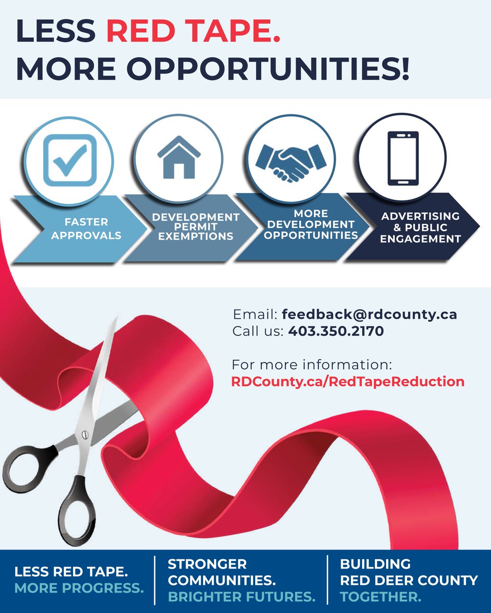 RedDeerCounty's tweet photo. Your Feedback Matters!
Provide your feedback on Red Deer County’s Red Tape Reduction initiatives by July 10 at feedback@rdcounty.ca or by calling 403.350.2170
For more info: https://t.co/eOHCHGOrXg
#RedDeerCounty #RedTapeReduction #CommunityFeedback #LandUseBylaw https://t.co/2DcyVkyVyl