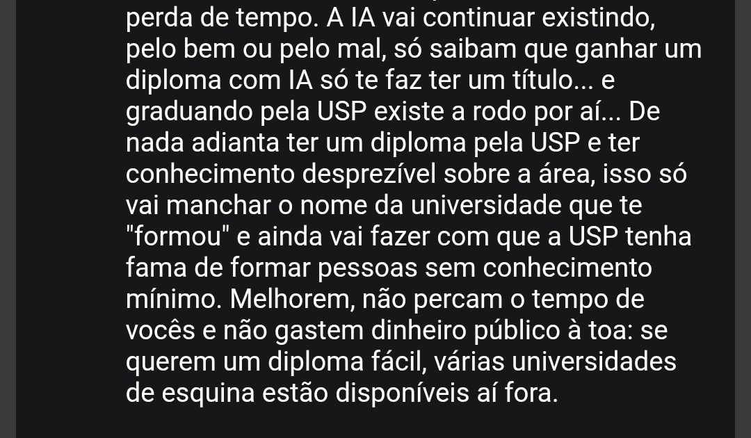 samirdgs's tweet photo. O fecho do prof de sintaxe pra galera que usou IA em uma lista avaliativa
"se querem um diploma fácil, várias universidades de esquina estão disponíveis aí fora" 
kkkkkkkkkkkkkkk um divo https://t.co/nXFYpxJqCt