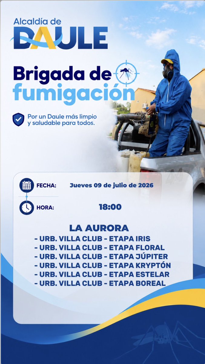 AlcaldiadeDaule's tweet photo. La brigada de fumigación llega a tu sector, a partir de las 18h00. Para una mayor efectividad, recuerda cerrar puertas y ventanas durante la fumigación.  iJuntos, libres de mosquitos!  #AlcaldiadeDaule #ElNuevoDaule #Daule https://t.co/AafM3b5K61