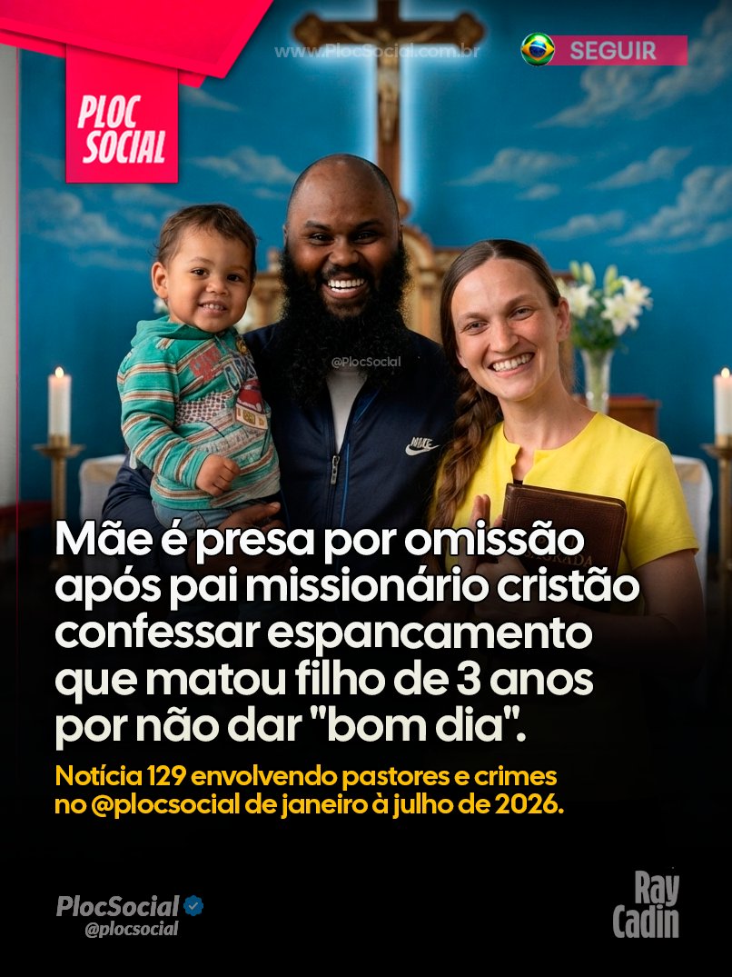 plocsocial's tweet photo. MUNDO GOSPEL • A Polícia Civil prendeu missionária Mayanna Angelina Rodgers por suspeita de omissão na morte do filho Oliver Golden Grayson, de 3 anos, em Viamão (RS). O menino teve morte cerebral após sofrer graves agressões e seus órgãos foram doados com autorização da mãe.

O pai, Dandre Jermaine Grayson, missionário norte-americano, está preso preventivamente e confessou ter agredido o filho com socos e batido a cabeça da criança contra o chão porque ela não lhe deu "bom dia".

A polícia investiga se havia histórico de violência contra os outros filhos do casal. As quatro crianças foram acolhidas pelo Conselho Tutelar, enquanto o caso segue sob investigação para esclarecer todas as responsabilidades.

Notícia 129 envolvendo pastores e crimes no @plocsocial de janeiro à julho de 2026.