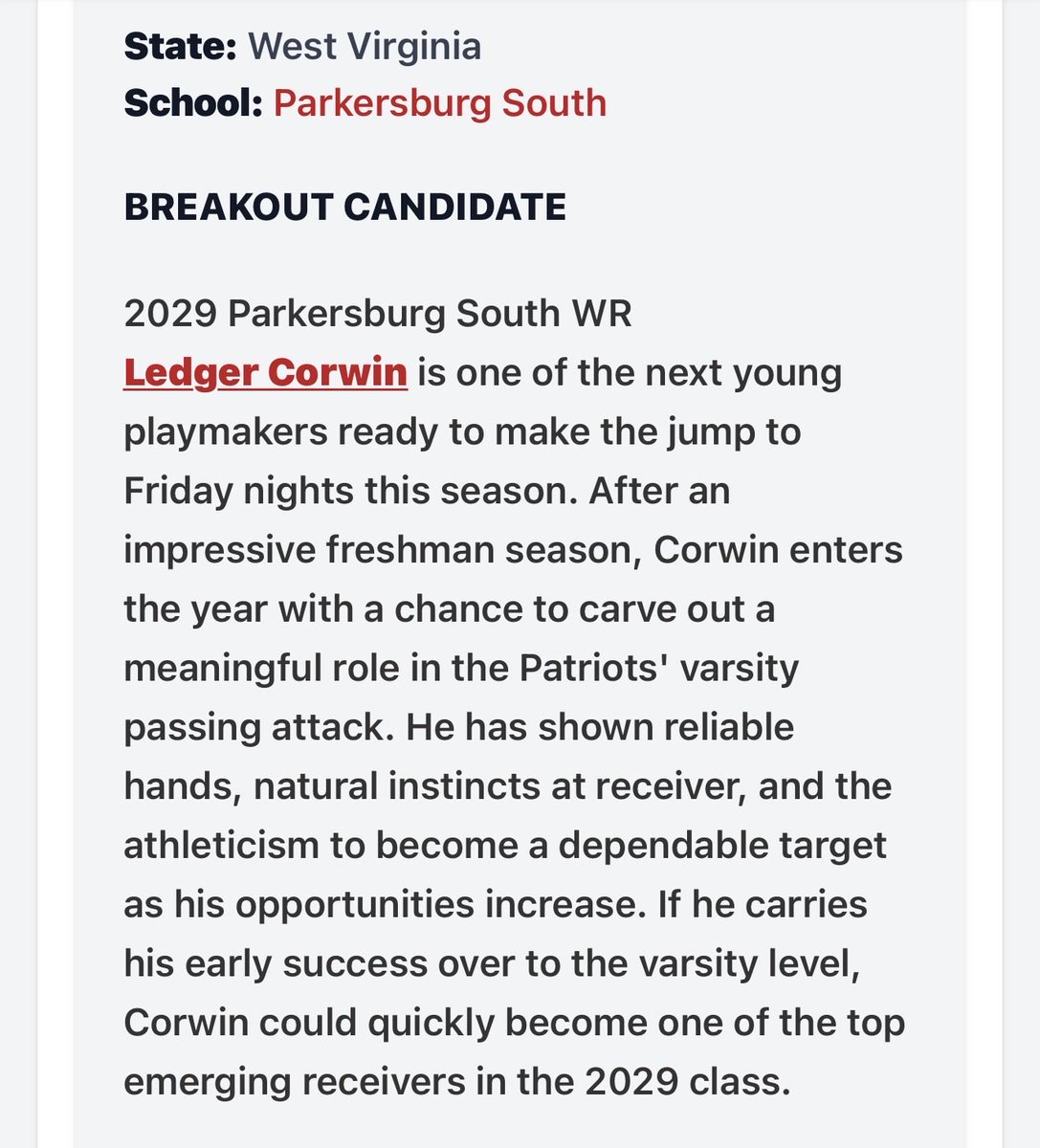 LedgerCorwin's tweet photo. Thank you @PrepRedzoneWV  for recognizing me as a breakout candidate for @FootballPshs. https://t.co/10AUJwFCyS