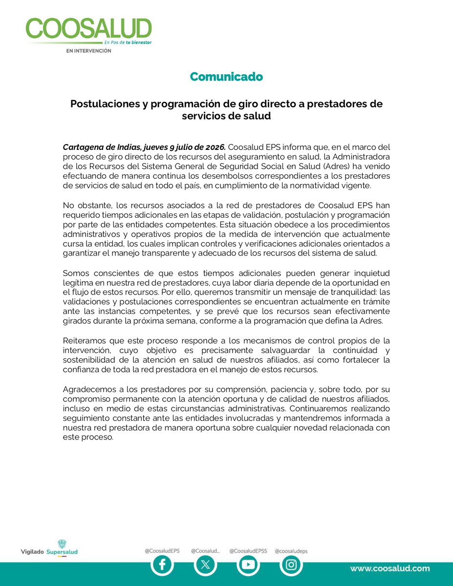 Coosalud_'s tweet photo. Comunicado acerca de postulaciones y programación de giro directo a prestadores de servicios de salud: https://t.co/1xw6ilqUDs