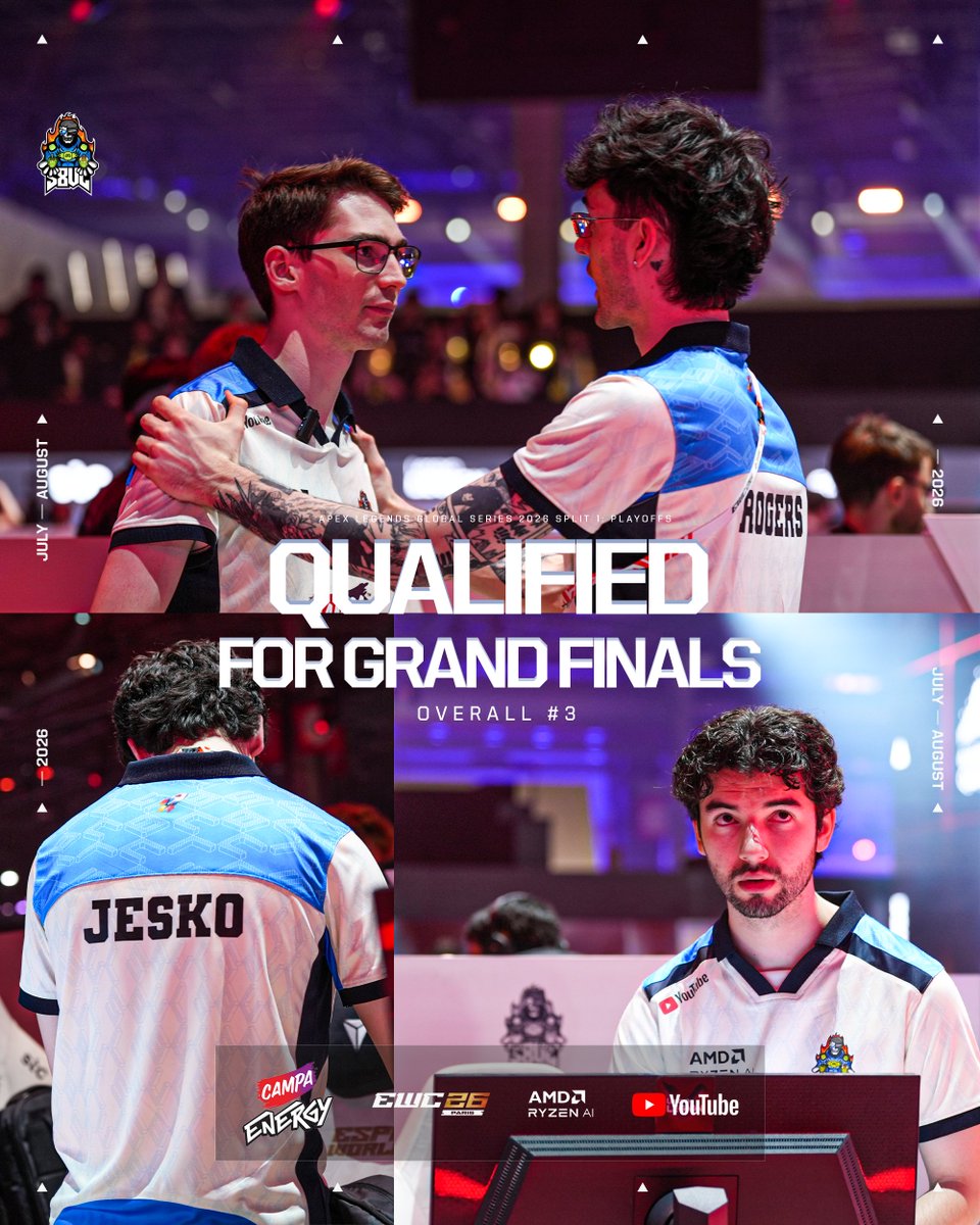 S8ulesports's tweet photo. GRAND FINALS ✅

Our Apex boys showed up and locked in a P3 finish heading into the Grand Finals! 🔥

Time to carry this momentum into Saturday and finish the job 🚀

@Jeskoesk @Legacy__au @Sharky3415 @RogersOCE 

#GameShuru #EWC2026 #CampaEnergy #YouTubeIndia #AMD https://t.co/XQgHwteCYJ
