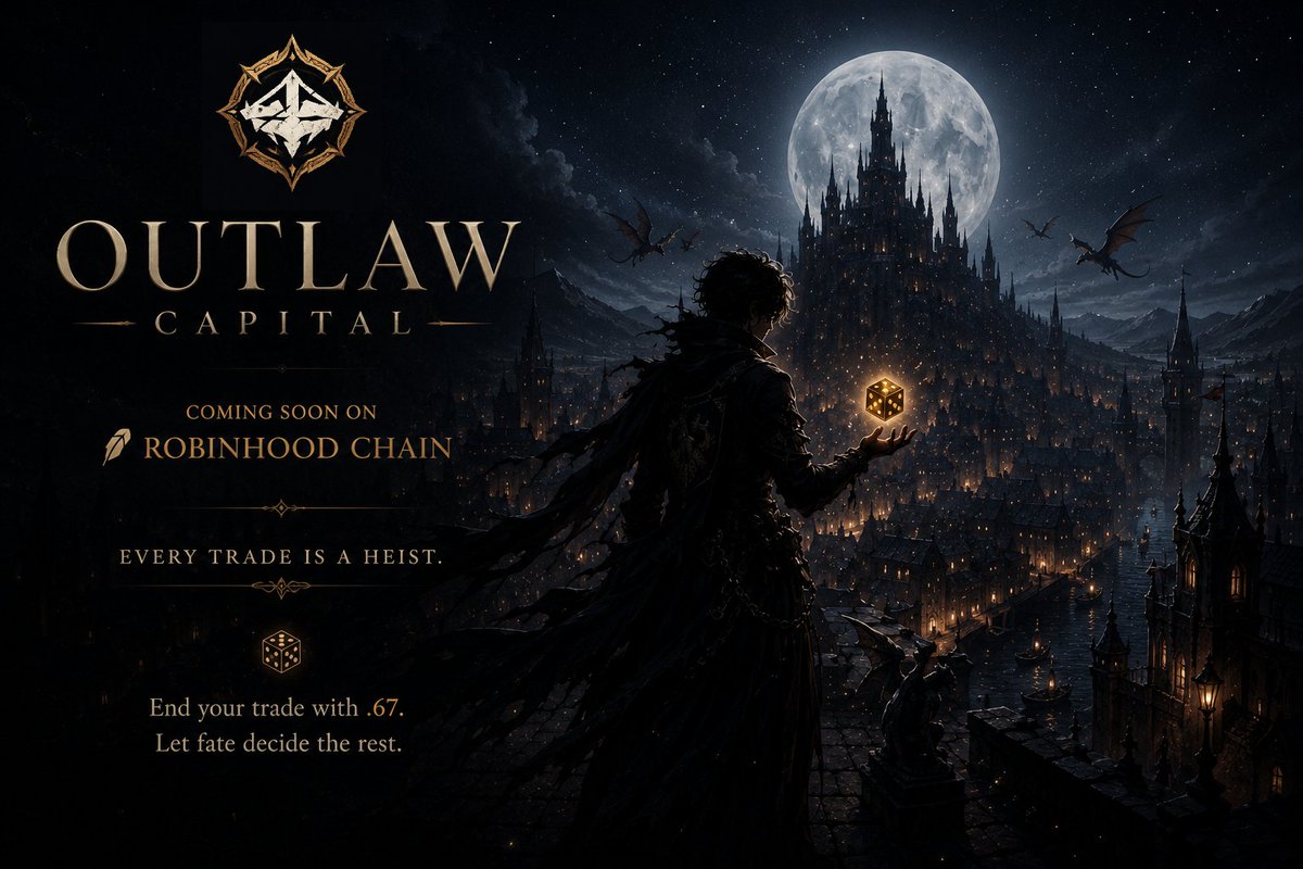 OutlawCapitalRH's tweet photo. Introducing Outlaw Capital.

An on-chain trading protocol with dice mechanics where every qualifying trade can become a legendary heist.

End your trade with .67 to trigger Heist Mode and roll for 125%, 150%, 200%... or get caught by the Sheriff's Tax.

Every outcome is transparent. Every roll happens on-chain.

Coming soon on Robinhood Chain. 🏹🎲