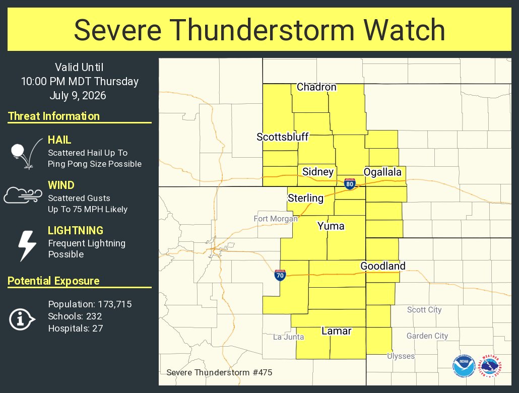 NWSNorthPlatte's tweet photo. A severe thunderstorm watch has been issued for parts of Colorado, Kansas and Nebraska until 10 PM MDT https://t.co/eITuyqvIbY