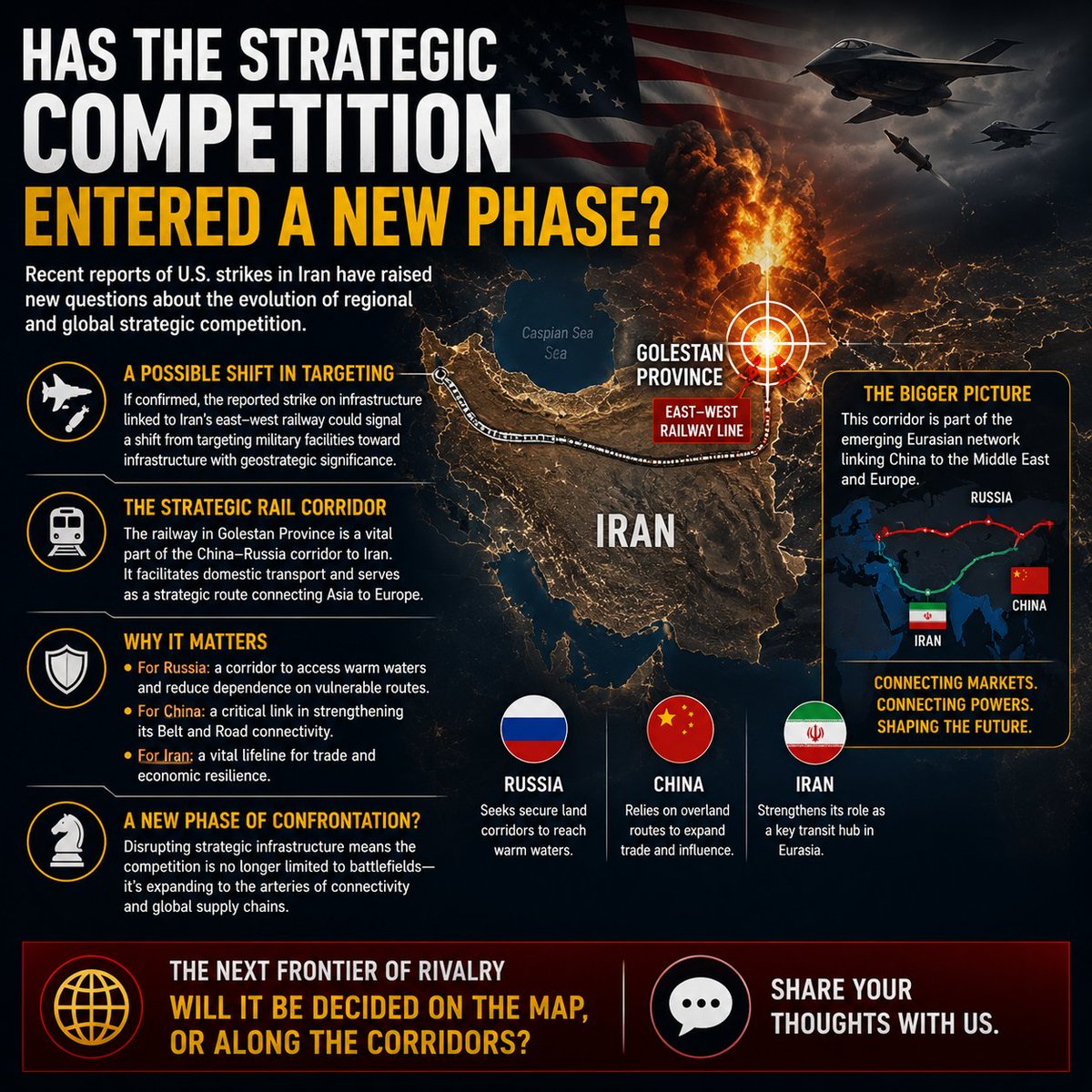 MrEngineerInfo's tweet photo. Has the strategic competition entered a new phase?
 U.S. strikes in Iran may have affected infrastructure linked to key Eurasian transport routes.
If . Iran's transport corridors are important to both Russia's regional connectivity and China's overland trade ambitions.
#politic https://t.co/2mEBekY3Id