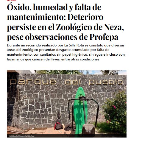 YoAmoaLaCiencia's tweet photo. "Óxido, humedad y falta de mantenimiento: Deterioro persiste en el Zoológico de Neza, pese observaciones de Profepa"

“Lo primero que podemos ver es que no ha habido un cambio en las instalaciones. El alcalde dijo en 2024 que iban a haber remodelaciones, que iba a haber adecuaciones. Sin embargo, no se ven en ningún lugar”. 

Te comparto una entrevista que me realizó muy amablemente el periodista Erik López👇