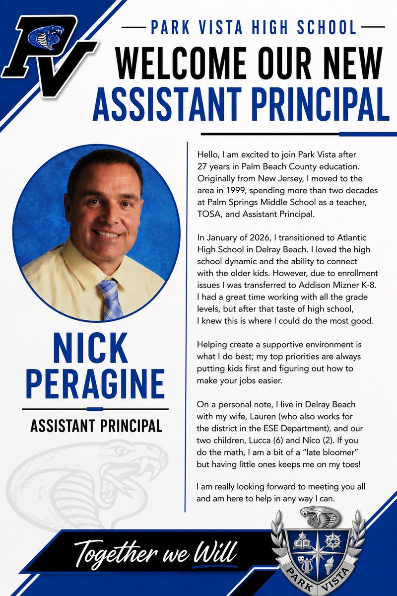 Vela_Ldrshp's tweet photo. Excited to welcome @MrNPeragine to our world-class team in Cobra Country! @pvcobrashs @southPbcsd https://t.co/PvvryWSXrn