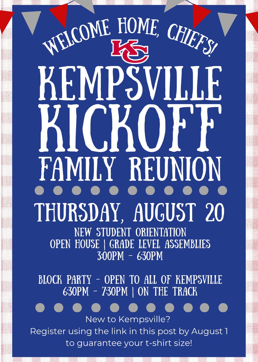 KHS_Chiefs's tweet photo. 📣 Welcome Home, Chiefs!
📅 Thur, Aug 20

3:00–6:30 PM
🏫 New Student Orientation
🏫 Open House
🏫 Grade Level Assemblies

6:30–7:30 PM
🎉 Kempsville Kickoff Family Reunion Block Party 

New to Kempsville?
Please register for New Student Orientation: https://t.co/iaq4uy9cmn https://t.co/lpVBhYNgQh