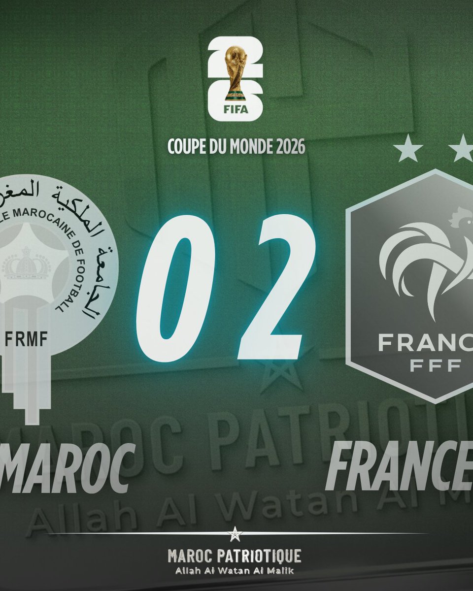 MarPatriotique's tweet photo. #CM2026 🇲🇦🇫🇷 #Maroc #France 0-2

Fin de parcours pour nos Lions qui quittent la compétition la tête haute en confirmant son statut de grande nation du football.

Bravo à nos joueurs, à notre sélectionneur et son staff et rendez-vous en 2030 au Maroc ! https://t.co/bF24CbWh97