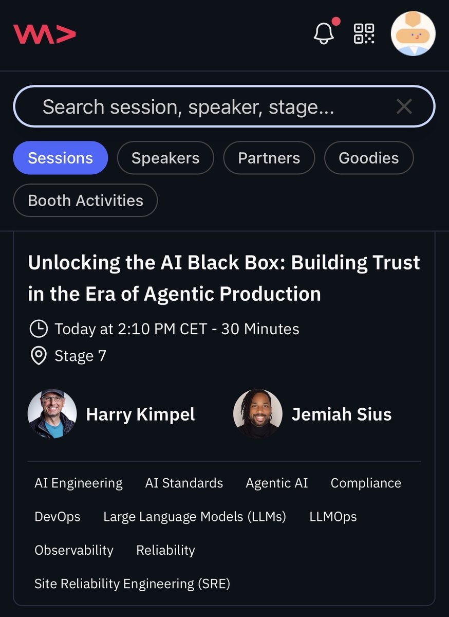 harrykimpel's tweet photo. What a blast at #WeAreDevelopers today! 🚀 Had an incredible time breaking down “Unlocking the AI Black Box: Building Trust in the Era of Agentic Production” with the awesome @heyjemiah. We’re moving from just asking "is it up?" to "why did it do that?". https://t.co/f1QMEj9E6P