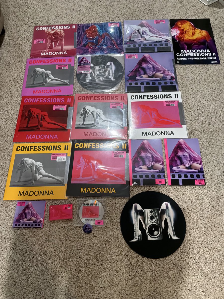 MusicSuperFan's tweet photo. All that remains is the variant that includes the 7” Bring Your Love which shipped today and that should do it (for now).. Now just tying to tack down all the magazines. What a time to be a @Madonna fan! #FanGirlForLife #ConfessionsII 💜🩷💜 https://t.co/9jRpm9TSXL
