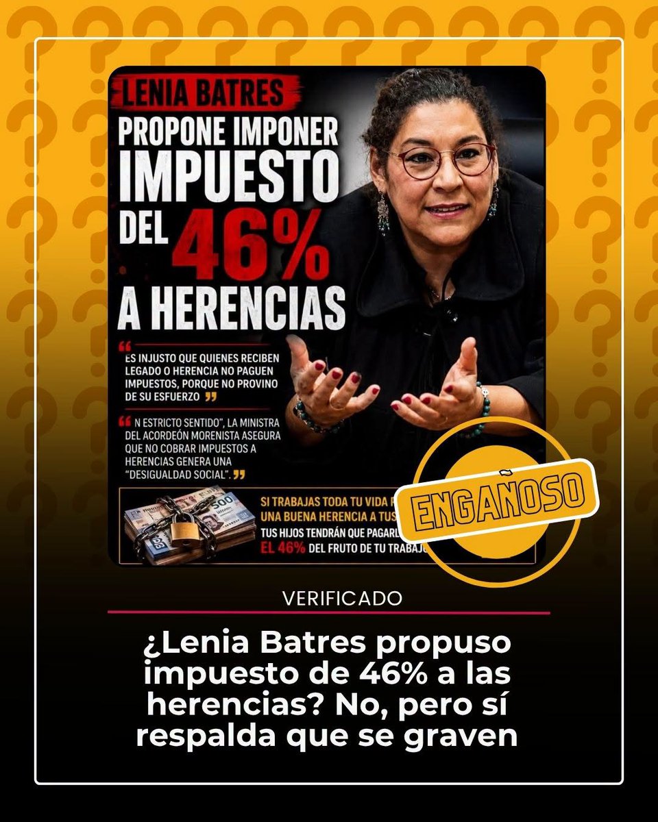 verificado_mx's tweet photo. ⚡️#VerificadoExpress | La ministra de la Suprema Corte, Lenia Batres, no propuso un impuesto de 46% para las herencias.
Aunque sí está a favor de que se graven en México.
#TeConvieneSaberMás 🔎https://t.co/tOLhYjJFBU https://t.co/gdYIcjLWC8