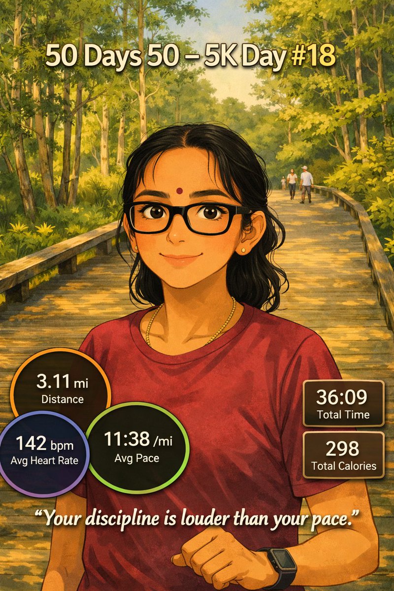 Jayalakshm61866's tweet photo. 50 Days 50 – 5K Day #18 🌿
Your discipline is louder than your pace.
3.11 mi | 11:38 /mi | 142 bpm | 36:09 | 298 cal
#FowlerTrails #MarathonRunnersOfAtlanta #MarathonMindset #ChooseExerciseNotDrugs #HealthyHabits https://t.co/pmx3Ia6tAK