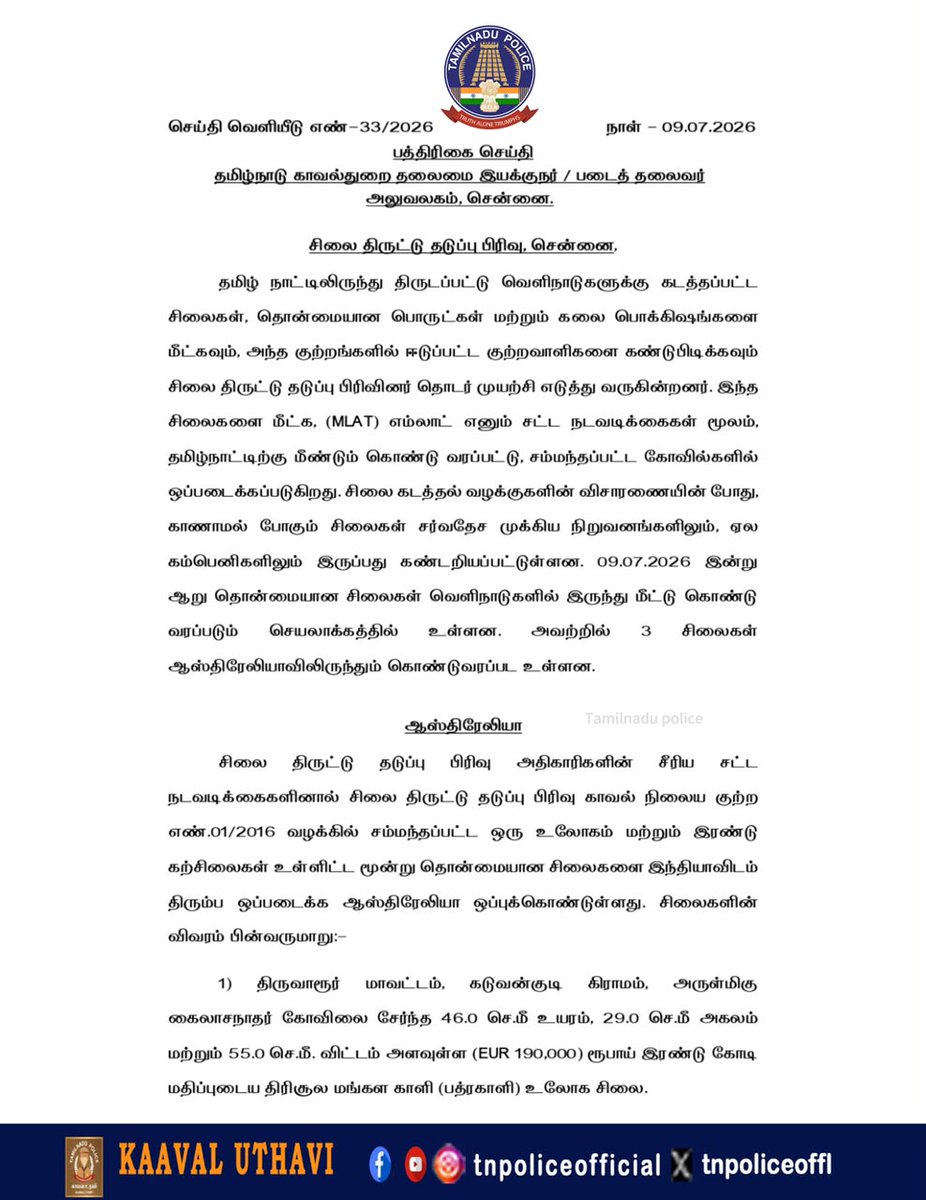 tnpoliceoffl's tweet photo. தமிழ்நாட்டில் திருடப்பட்டு ஆஸ்திரேலியாவுக்கு கடத்தப்பட்ட 3 தொன்மையான சிலைகள், தமிழ்நாடு சிலை கடத்தல் தடுப்பு பிரிவு போலீசாரின் சட்ட நடவடிக்கையால் மீட்கப்பட்டன. அவை விரைவில் தமிழ்நாட்டிற்கு கொண்டு வரப்பட்டு, உரிய கோவில்களிடம் ஒப்படைக்கப்படவுள்ளன.
#IdolWing #HeritageRecovery https://t.co/sV2ouIvEEJ