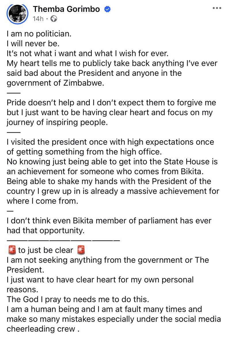 KMutisi's tweet photo. Themba Gorimbo swallows his pride and is now SEEKING PEACE…

He says he withdraws all the crude attacks on President Mnangagwa &amp; other folks in the government of Zimbabwe… 

Dzungu rapera, reality kicks in… https://t.co/PkVonS1EYy