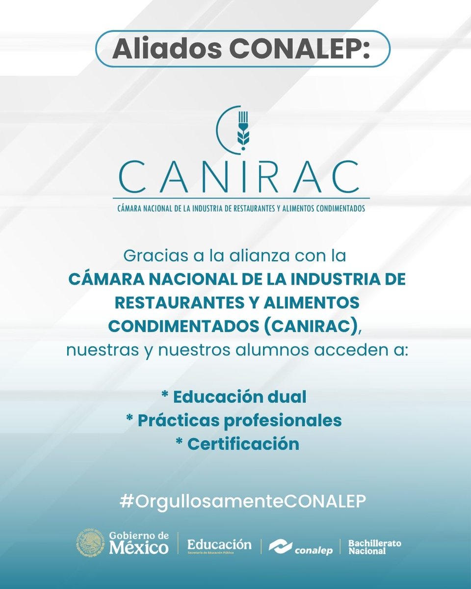 CONALEP_Mex's tweet photo. 🤝Gracias a la alianza con la @canirac, nuestras y nuestros estudiantes y egresados cuentan con nuevas oportunidades que fortalecen su formación profesional.

Conoce más aquí: https://t.co/33sqErrCHD https://t.co/gFqc9JbChD