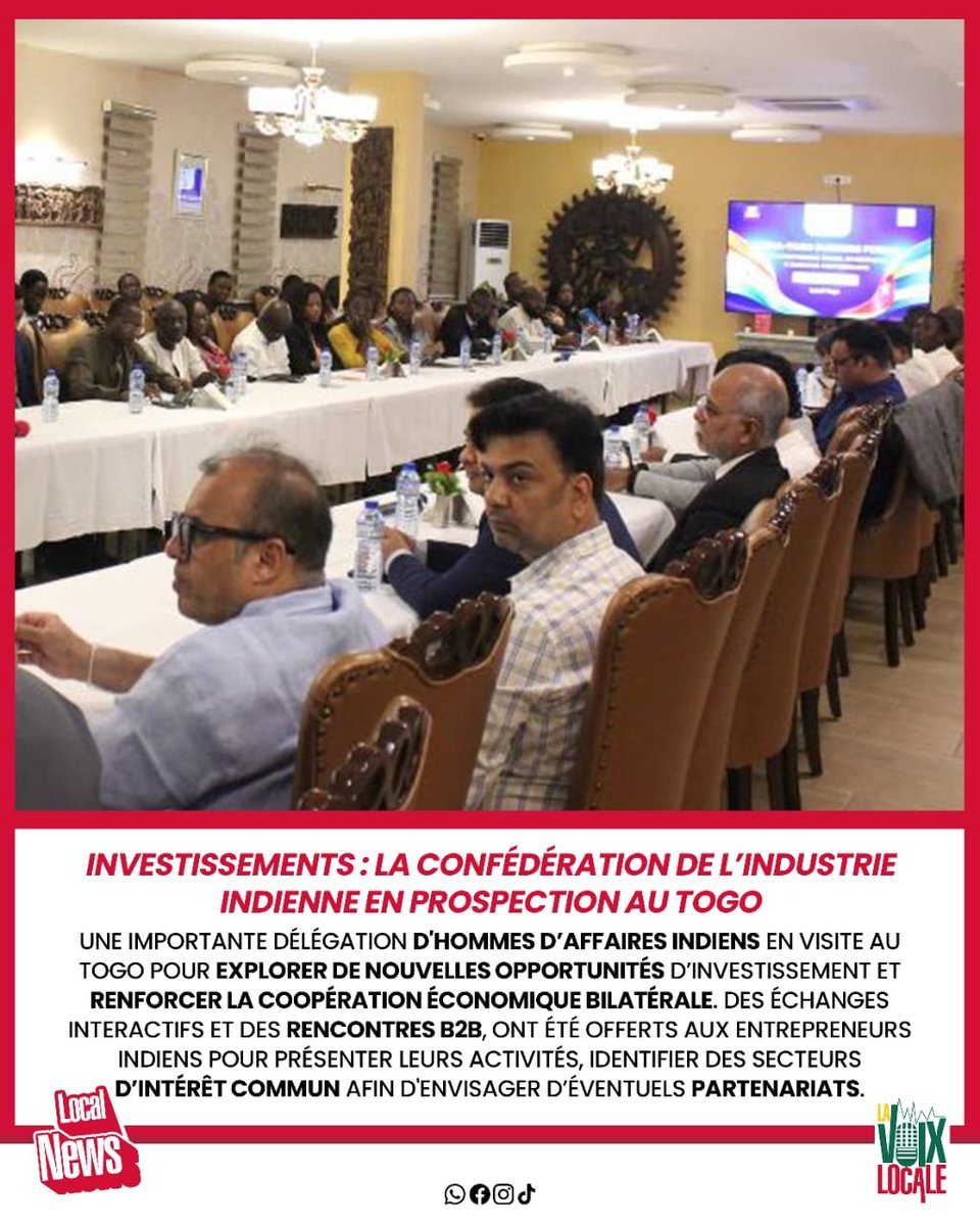 AdelineAss57797's tweet photo. Le #Togo renforce son attractivité économique en accueillant une importante délégation de la Confédération de l'#industrie #indienne. Une mission de prospection tournée vers de nouveaux investissements. 🇹🇬🤝🇮🇳
#Investissement #Coopération #Développement https://t.co/hXdIi5kDYF