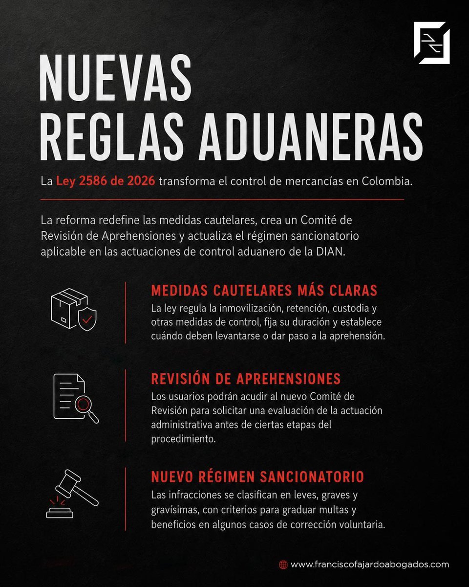 ff_abogados's tweet photo. #ControlAduanero
🛑 Nueva ley transforma las reglas del control aduanero en Colombia.

* La Ley 2586 de 2026 redefine las medidas cautelares, crea el Comité de Revisión de Aprehensiones y establece un nuevo régimen de infracciones y sanciones para las operaciones de comercio exterior.

* La DIAN tendrá reglas más precisas para inmovilizar, verificar y aprehender mercancías, mientras los usuarios contarán con nuevos mecanismos para solicitar la revisión de determinadas actuaciones administrativas.

Conozca todos los cambios aquí: 
https://t.co/XkpI565gSh

#DIAN #ComercioExterior #FranciscoFajardoAbogados