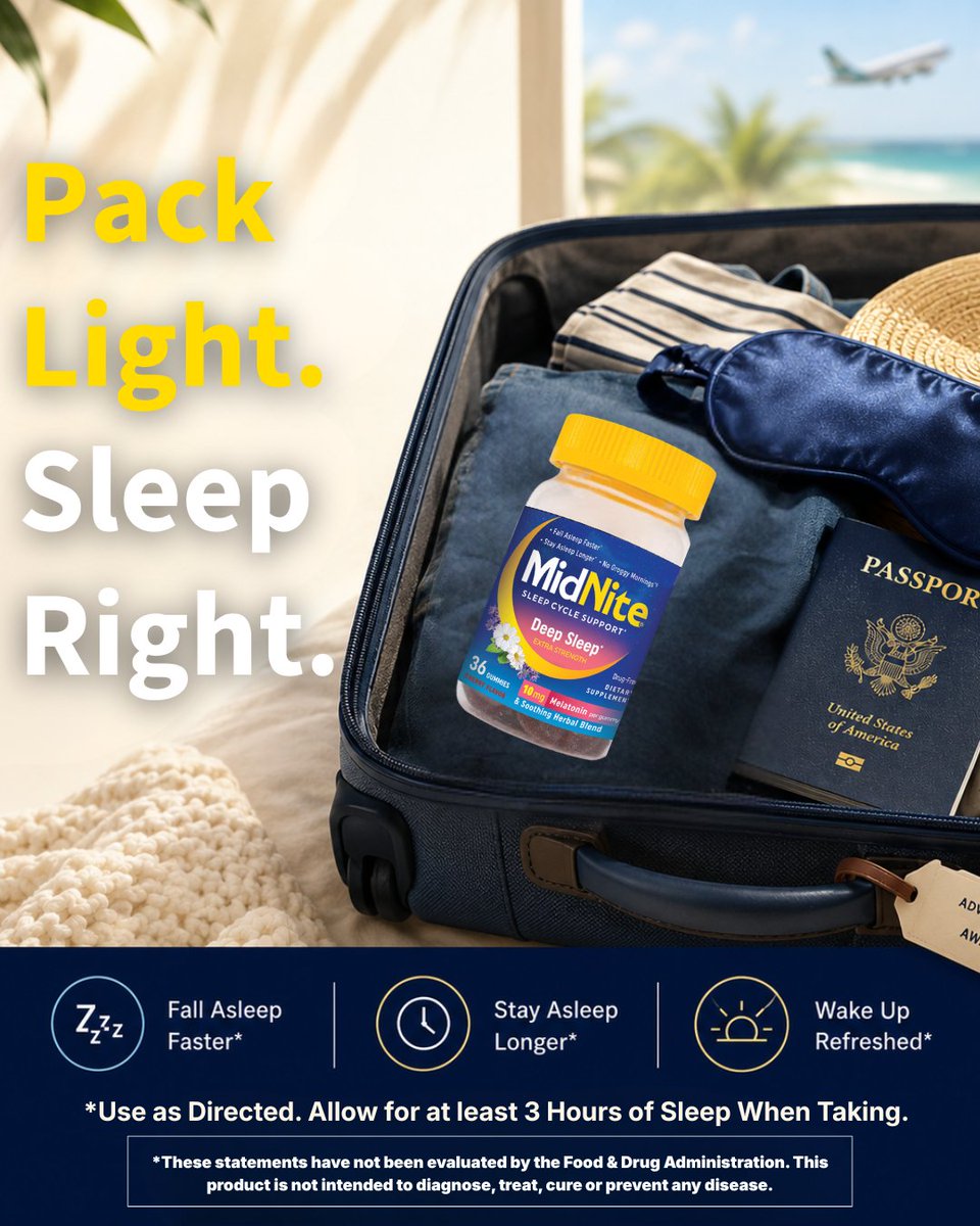 MidNite_Sleep's tweet photo. Packing for your next getaway? ✈️
Don't forget one travel essential: better sleep. 🌙
MidNite® helps support restful sleep, so you can wake up refreshed and ready for whatever's on the itinerary.
#MidNiteSleep #TravelEssentials #PackLightSleepRight #SummerTravel https://t.co/9bjIIKJO7l
