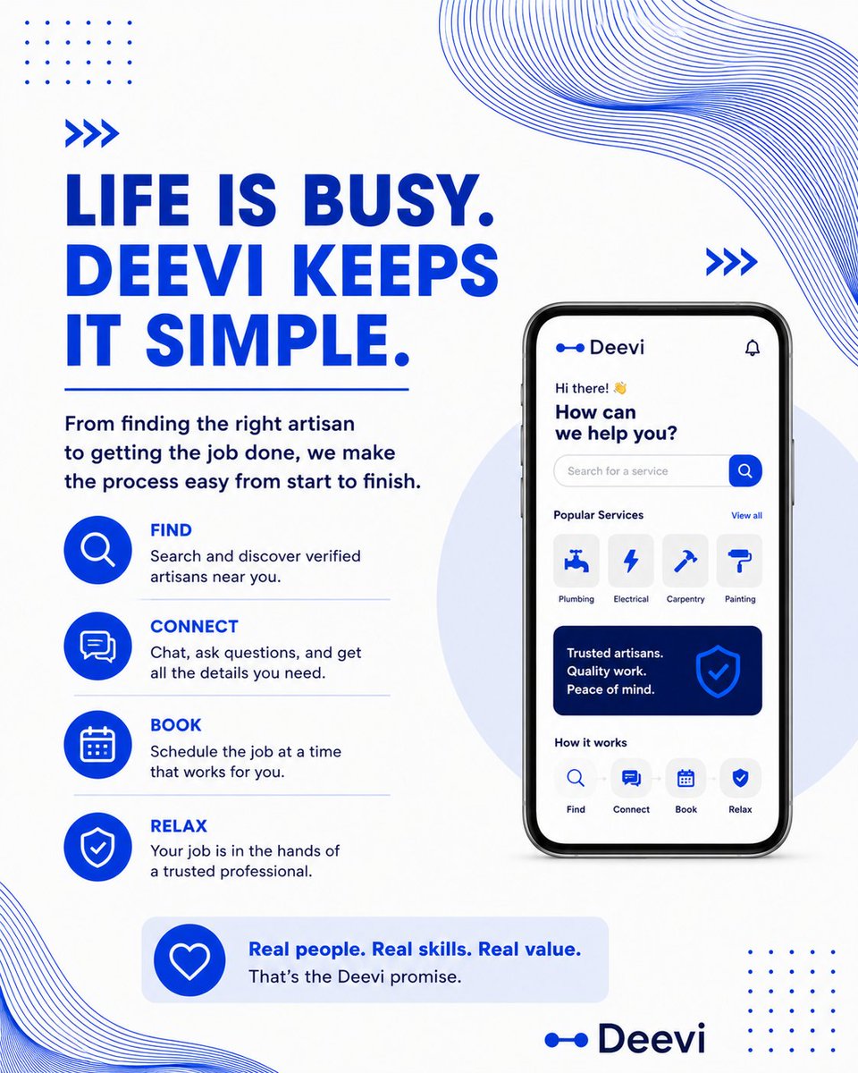 its_deevi's tweet photo. Finding a trusted artisan shouldn't take all day.

With Deevi, the goal is simple:
🔎 Find.
🤝 Connect.
📅 Book.

Less searching. More getting things done.

#Deevi #Startup #Nigeria #HomeServices https://t.co/sIDI3igcgr