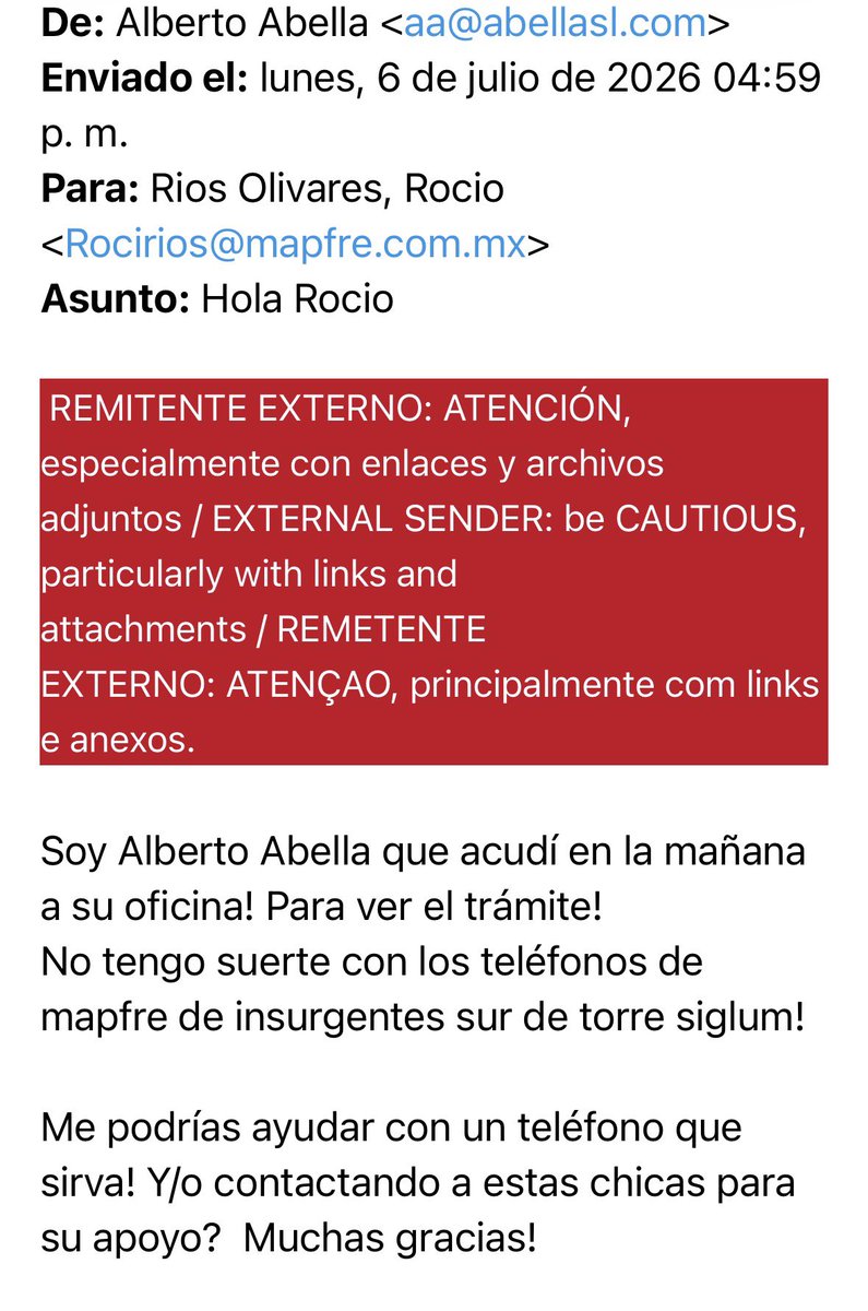 abelladeuslar's tweet photo. @MAPFRE_Atiende Me redirecciono con otro par que jamás contestaron en su extensión telefónica! https://t.co/bUv6i36jph