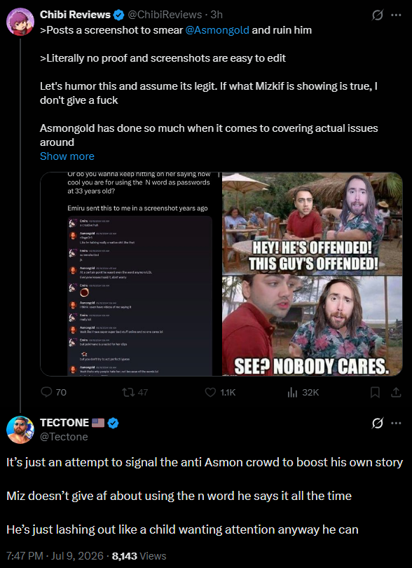 MythicalLMAO's tweet photo. Chibi Reviews and Tectone sweeping for Asmongold for saying the n-word is funny because they've been called out over the years for racist comments and remarks.

Not a good look honestly, but it is funny to witness. https://t.co/ypYMIHLNKV