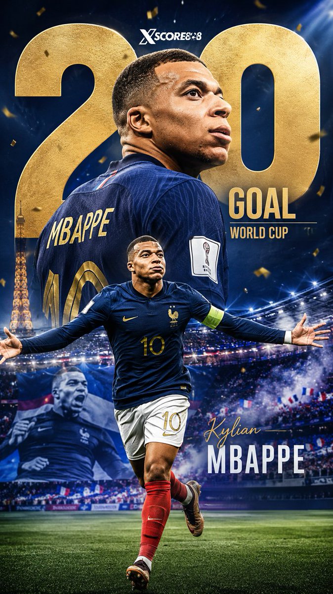 xscore808's tweet photo. KYLIAN MBAPPE SCORED 20 GOALS AT THE WORLD CUP JUST 20 MATCHES!🔥

He is the second player to score more than 20 World Cup goals after Lionel Messi. https://t.co/tZdBK8ZRyT