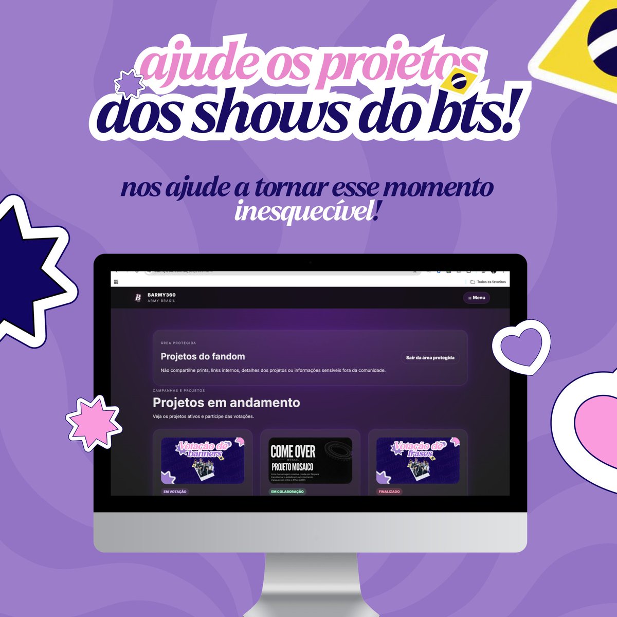 itsjeonjm's tweet photo. 💜 | B-ARMY. Cada projeto tem um significado único.

Às vezes, um hand banner é mais do que um pedaço de papel. Um fanchant é mais do que uma música. Uma ação solidária é mais do que uma campanha.

Cada projeto nasce com um propósito diferente: emocionar, homenagear, acolher, agradecer, conectar pessoas ou transformar um momento em uma lembrança que ficará para sempre na memória de quem esteve lá.

Por isso, cada iniciativa merece ser conhecida, compartilhada e valorizada. Quando você apoia um projeto, não está ajudando apenas na sua realização, está contribuindo para construir a história da comunidade.

Porque, no fim, todos têm o mesmo objetivo: fazer com que o BTS e cada ARMY viva um momento inesquecível. 💜

🔗 Projetos disponíveis no site do B-ARMY360: https://t.co/P0nGdGuMDr

#BARMY360 #BARMY360HandBanner