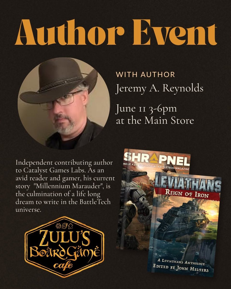 ZulusGameCafe's tweet photo. Joining author Bryan Young tomorrow, July 11, is author Jeremy A. Reynolds!

His current story in Shrapnel Issue 14, "Millennium Marauder", is the culmination of a life long dream to write in the BattleTech universe.

 #zulusbgc #zulusevents #authorevent #battletech https://t.co/ygmQFo7jq6