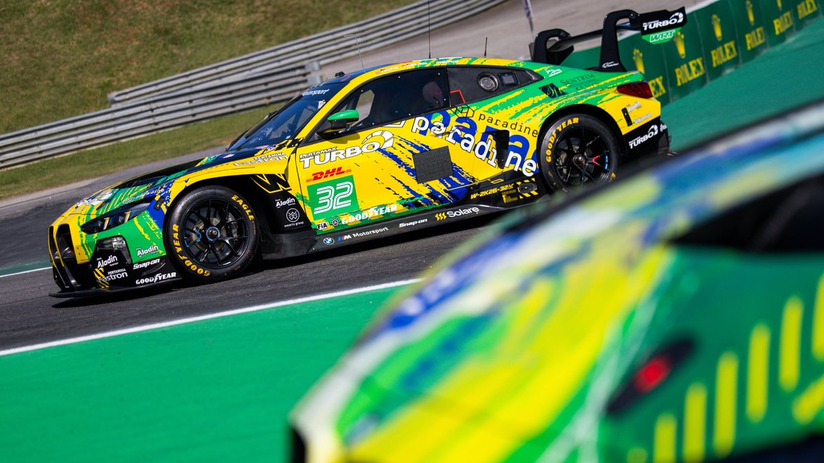 FIAWEC's tweet photo. Is this the boldest livery duo we’ve ever seen? 😮‍💨 

The #69 and #32 BMW M4 LMGT3 Evos will both be running special liveries for this week’s race, sporting the colours of Brazil in São Paulo 🇧🇷 

There’s no way the fans are missing @followWRT and @BMWMotorsport on track! 

#WEC #6HSaoPaulo #BMWM