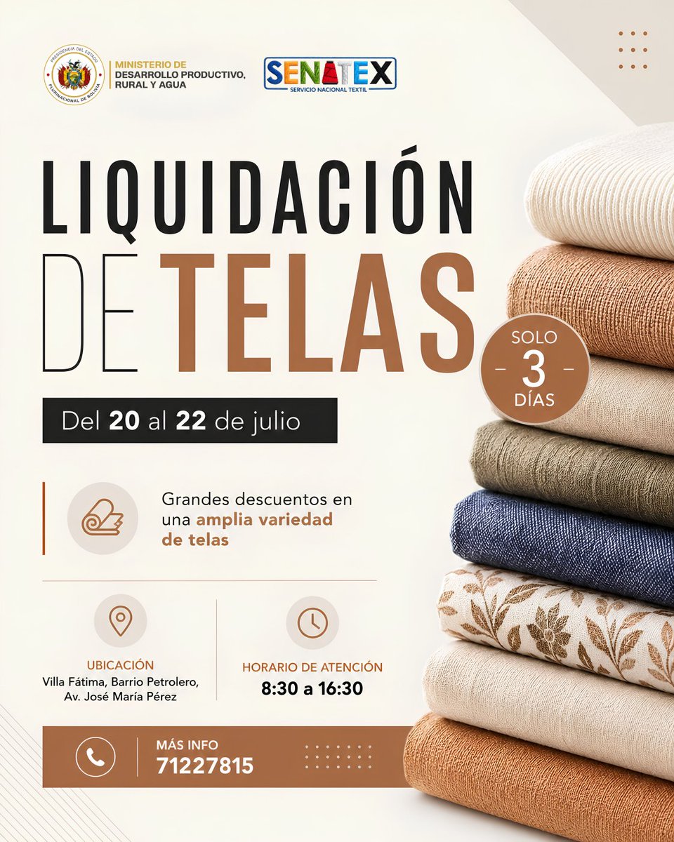senatex26's tweet photo. Aprovecha precios increíbles del 20 al 22 de julio. Variedad y calidad a tu alcance.
📍 Visítanos en Villa Fátima, Barrio Petrolero, Av. José María Pérez.
🕘 Horario: 8:30 a 16:30.
📞 Más info: 71227815.
#senatex #liquidacióndetelas #telasenoferta #promocionesbolivia #lapaz https://t.co/kugfi7QoCL