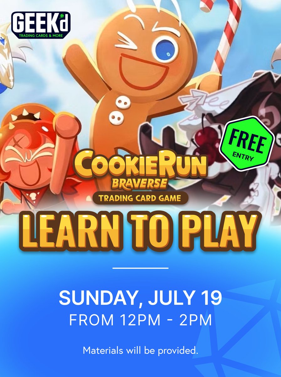GeekdOrlando's tweet photo. Learn to play Cookie Run at Geekd Orlando on July 19th from 12PM-2PM! Free Entry! #cookierun #l2p #orlando #tcg #geekd https://t.co/PvE5vyOM90