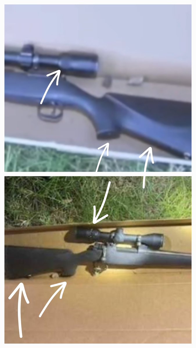 NikkiRosier4's tweet photo. Remember when they lied and said TR's dad recognized the rifle? And we said it was a stock photo? 
Well top photo is of ACTUAL rifle collected in the "wooded area"
Bottom pic is of the EFFIN STOCK PHOTO released by the NYP, that the dad "allegedly" identified. https://t.co/HoD0sXeQKl