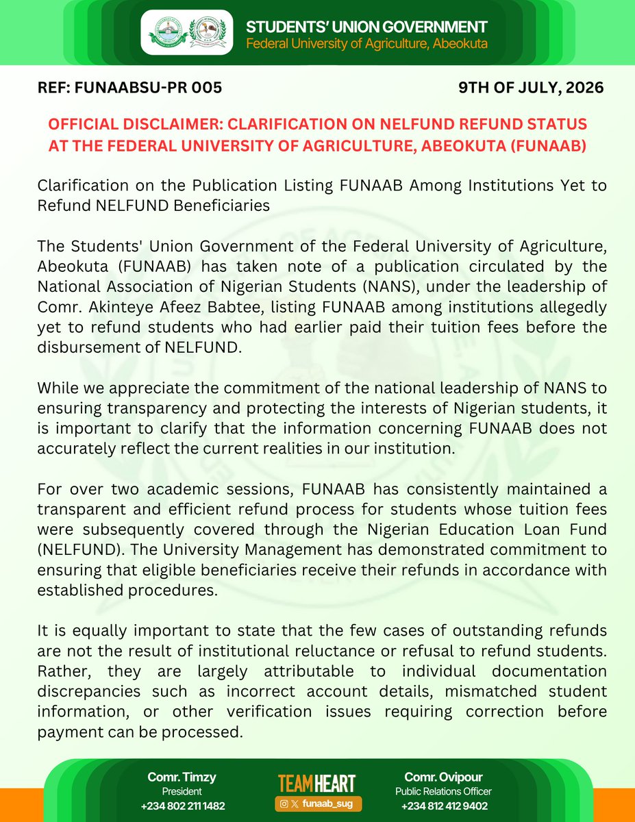 FUNAAB_SUG's tweet photo. OFFICIAL DISCLAIMER:

Following the publication listing FUNAAB among institutions yet to refund NELFUND beneficiaries, FUNAABites, we've put together this clarification to address the concerns surrounding the recent publication on NELFUND refunds.

PLEASE READ THROUGH CAREFULLY: https://t.co/6BQVw5zY5z