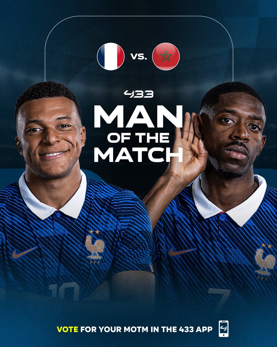 433's tweet photo. 🇫🇷 🆚 🇲🇦 𝐕𝐎𝐓𝐄 𝐘𝐎𝐔𝐑 𝐌𝐀𝐍 𝐎𝐅 𝐓𝐇𝐄 𝐌𝐀𝐓𝐂𝐇 🗳️

Vote here 👇
https://t.co/jFe8J4s0jp https://t.co/KBJfKDPFos